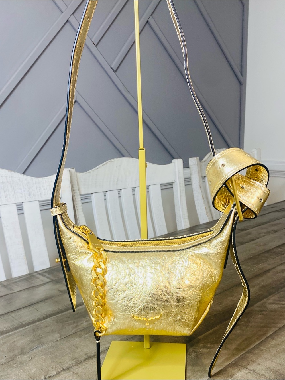 Zadig & Voltaire Le Cecilia XS Metallic Gold Crinkled Leather Crossbody Bag